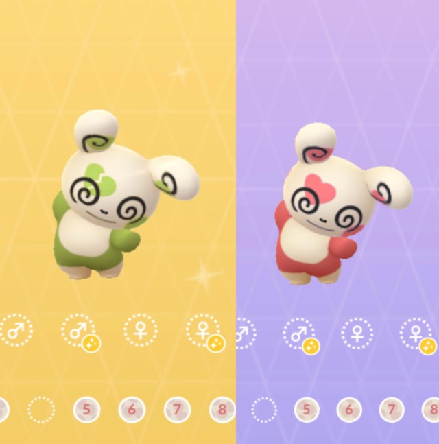 Image of Spinda with a shiny and uniform heart-shaped pattern in the Pokémon GO Pokédex.