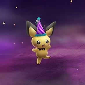 Image of Pichu wearing a party hat in Pokémon GO.