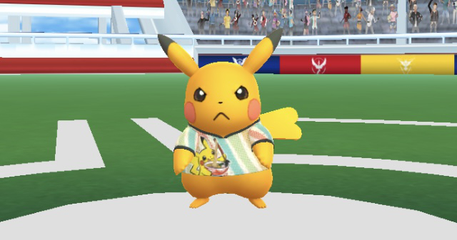 Screenshot of shiny Pikachu in the 2023 World Championship shirt in Pokémon GO.