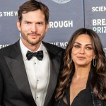 Ashton Kutcher and Mila Kunis at the ninth Breakthrough Awards held at the Academy Museum of Motion Pictures on April 15, 2023 in Los Angeles, California.  (Photo by Vincent Collyer/Variety via Getty Images)