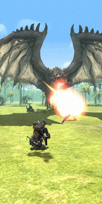 The video game “Monster Hunter Now” shows the character fighting a large dragon