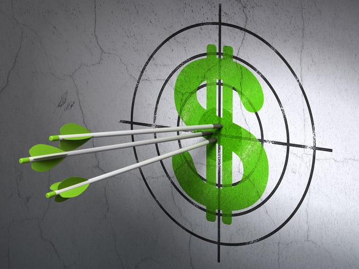 The target has a dollar sign in the middle and three arrows in the bull's eye.