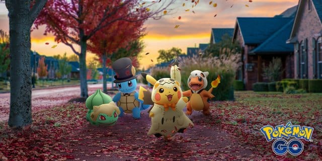 Images of Bulbasaur, Squirtle, Pikachu and Charmander in Halloween costumes in Pokémon GO.