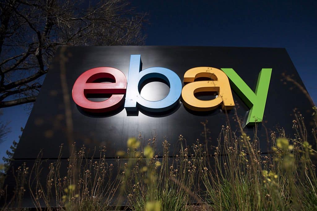 Signboard eBay Inc.  is displayed at the entrance to the company's headquarters in San Jose, California